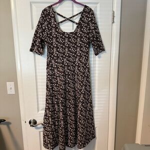 Pact double scoop fit and flare dress. M. Midnight floral.